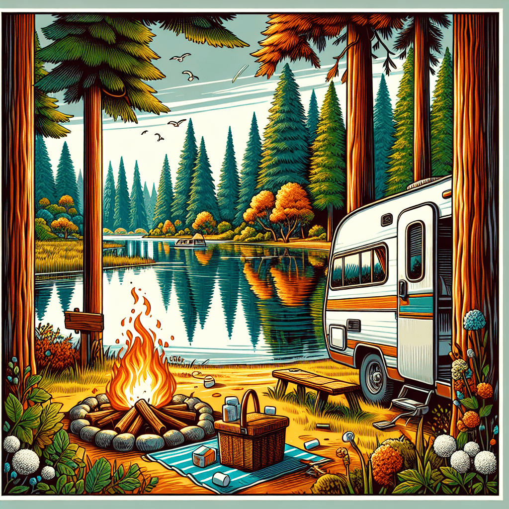 RV in Oakland with tall redwoods, lake, and picnic