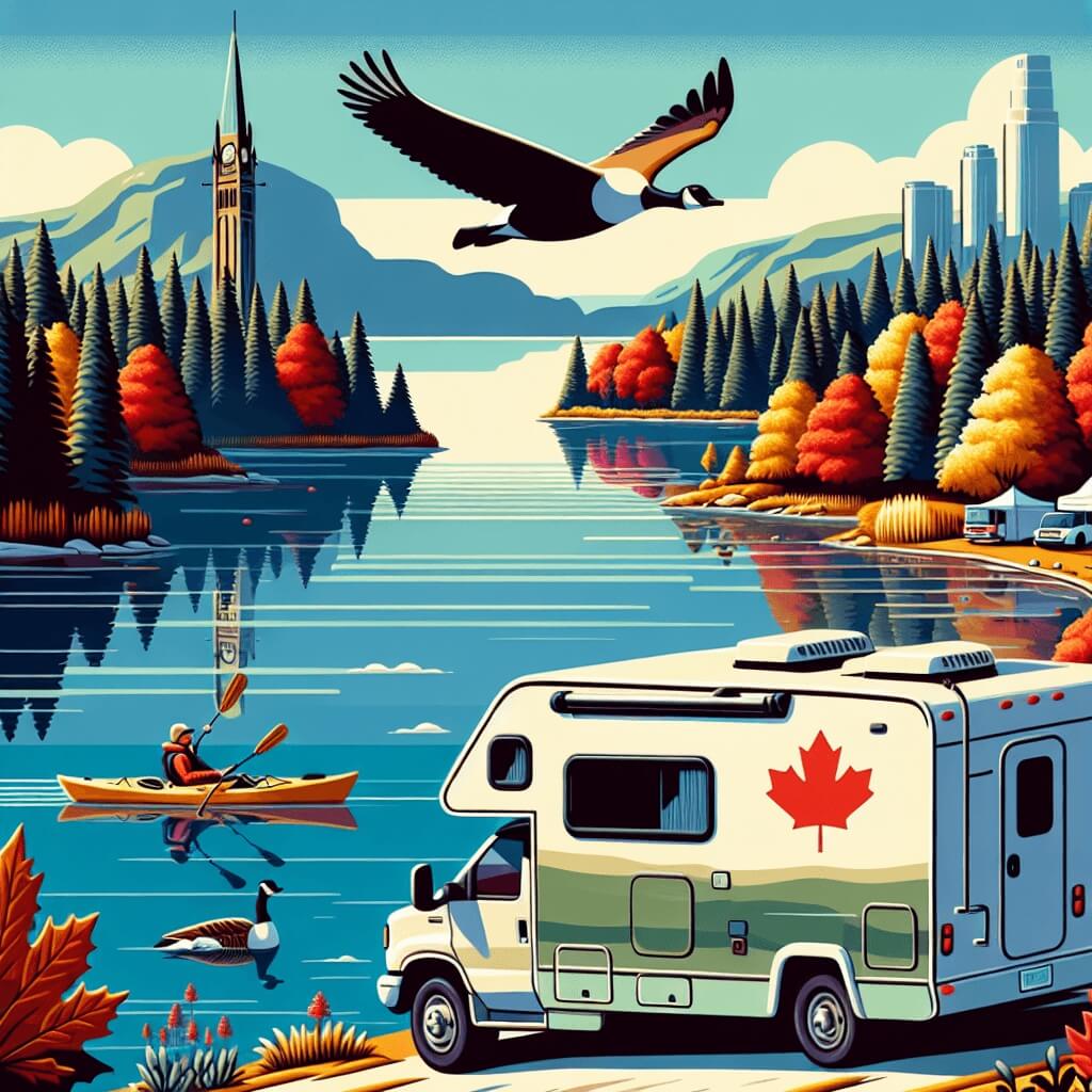 Campervan by a lake, autumn forest, Canada goose, red-tailed hawk