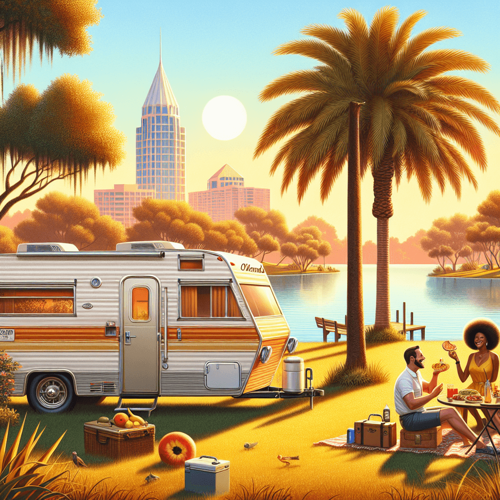 RV in sunny Orlando with picnic couple, lake and palm