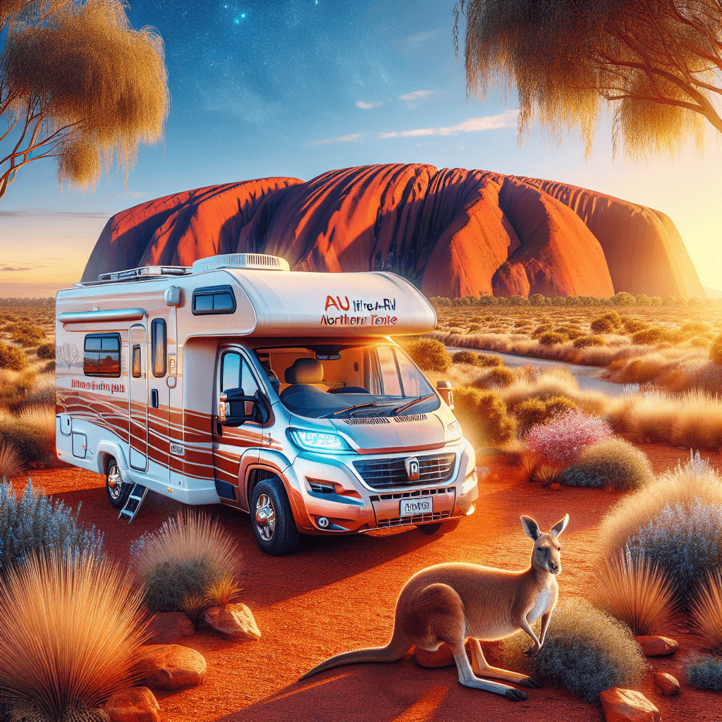 Campervan parked near Uluru, kangaroo leaping, evening spinifex scene