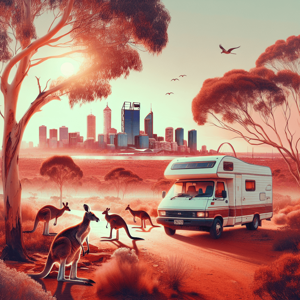 Campervan, kangaroos and Perth skyline in golden Outback sunset