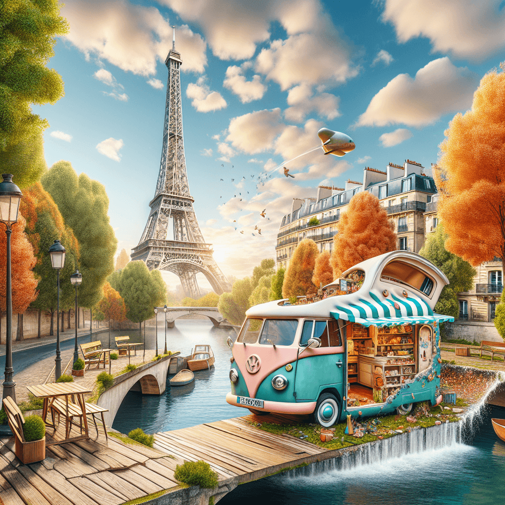 Whimsical image of camper amidst Parisian landmarks, suitable for hire