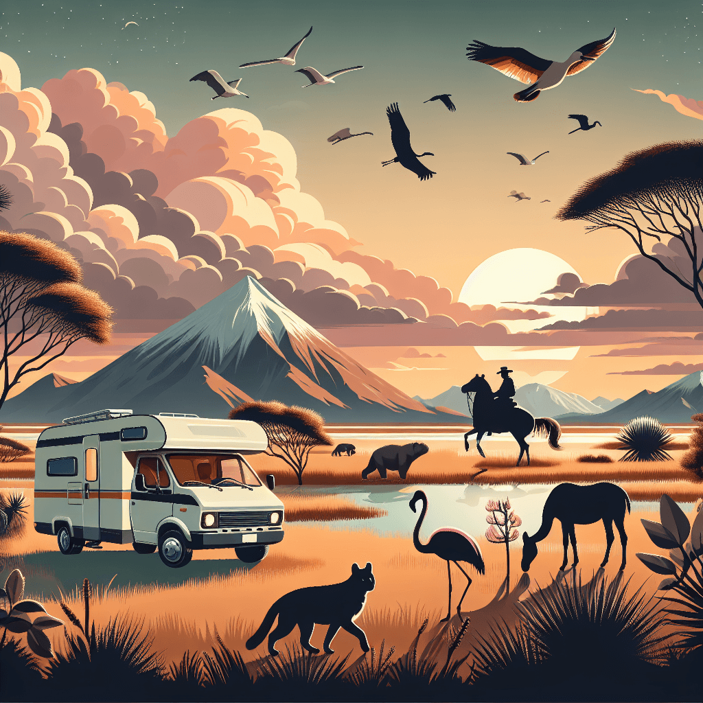 Campervan parked in Argentinian landscape featuring native flora and fauna