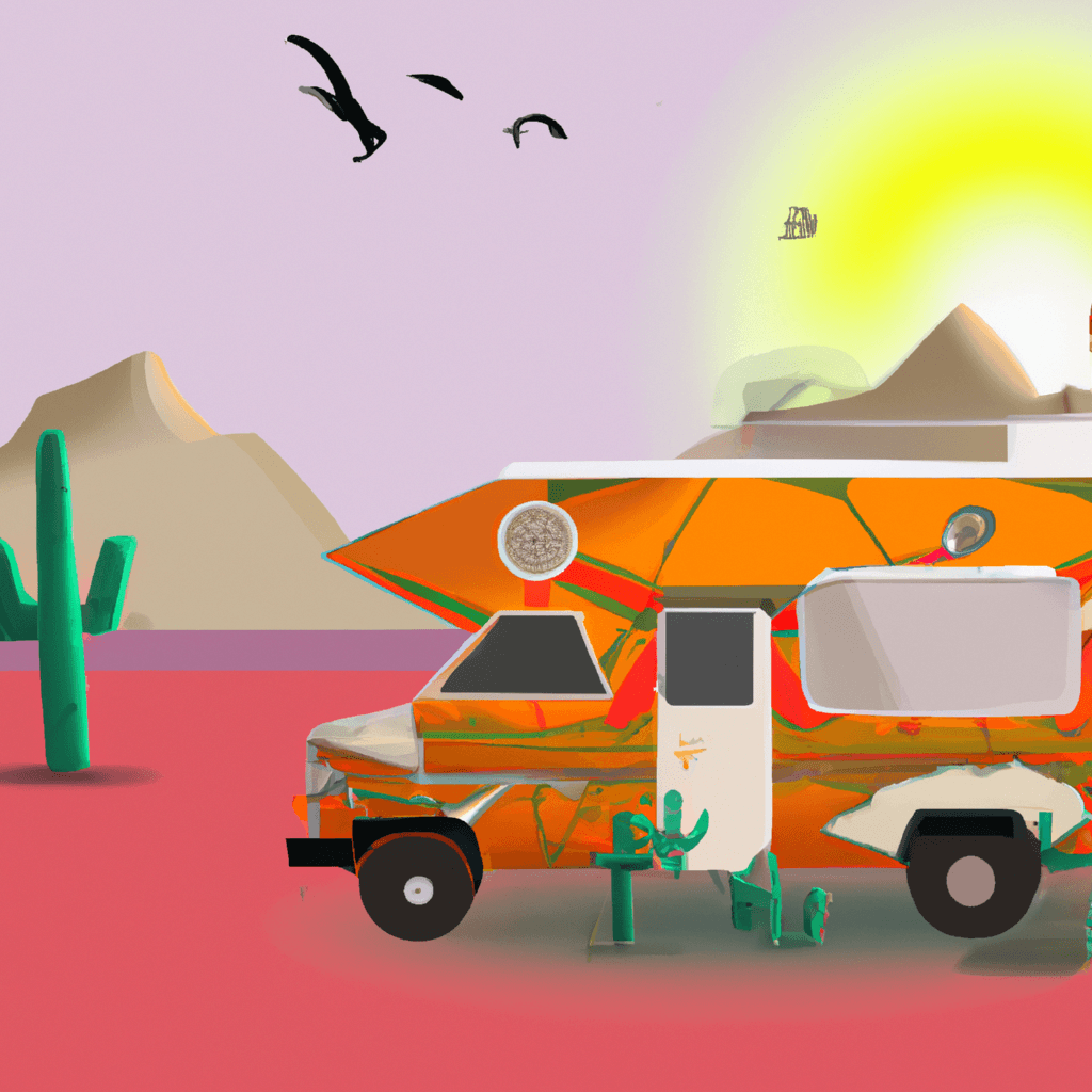 Farbenfroher Camper, aufgehende Sonne, Vögel, Kaktuslandschaft