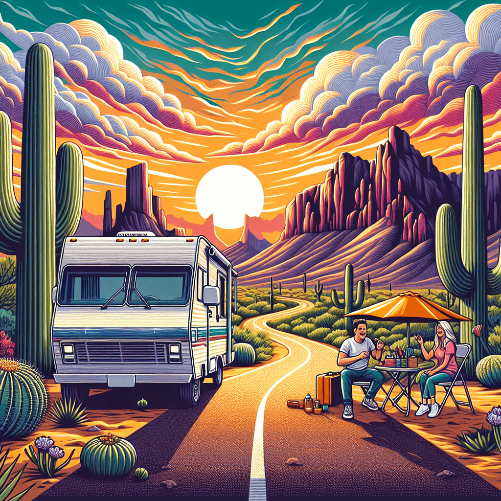 RV in Phoenix desert, couple enjoying picnic, sunset backdrop