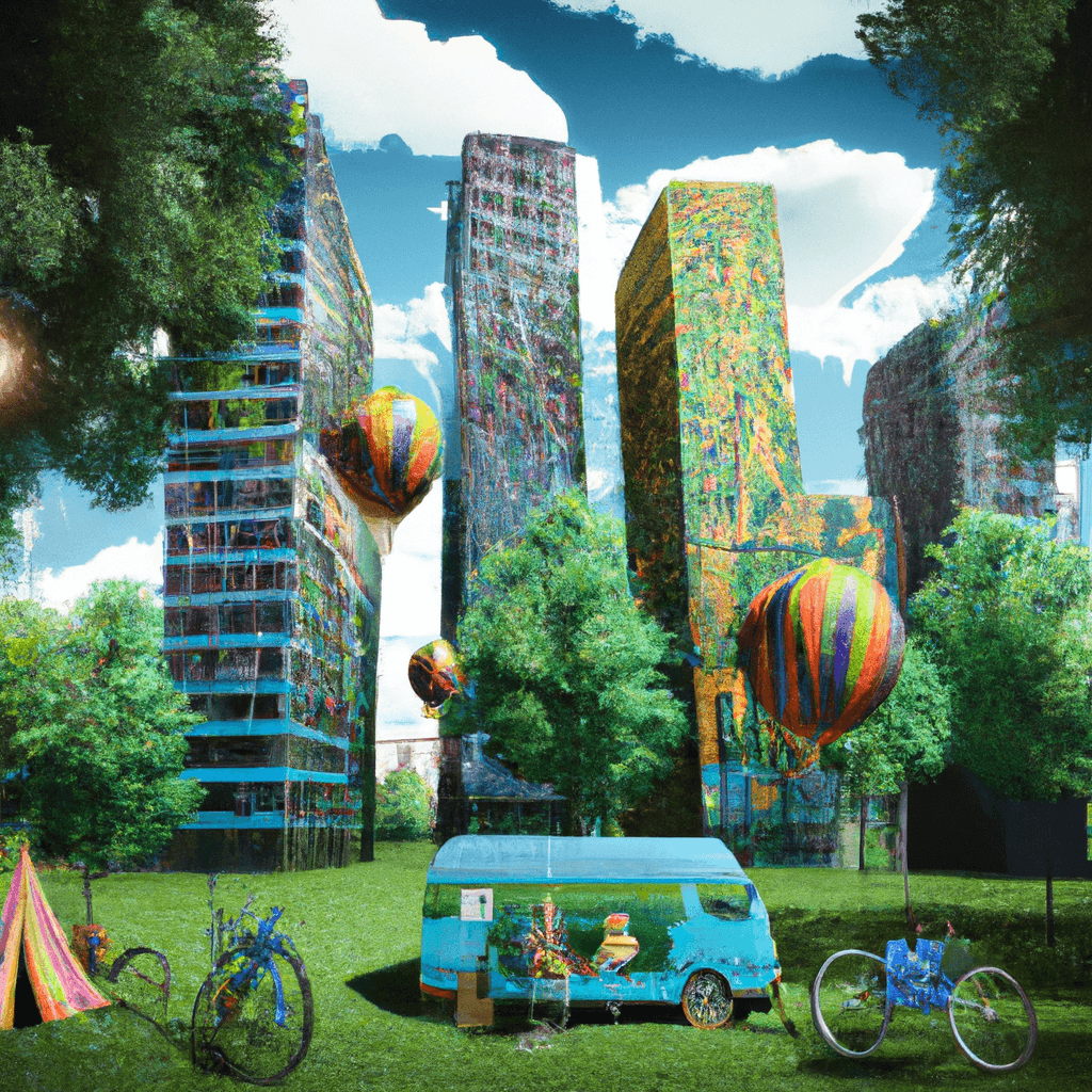 Camper en parque de Múnich, picnic, globos, fuente y bicicletas