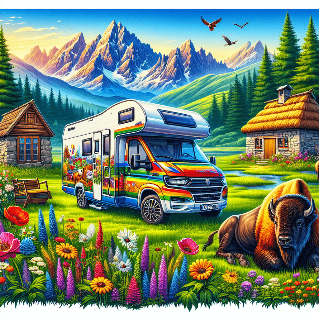 Campervan in lush meadows, Tatra Mountains and Bison backdrop