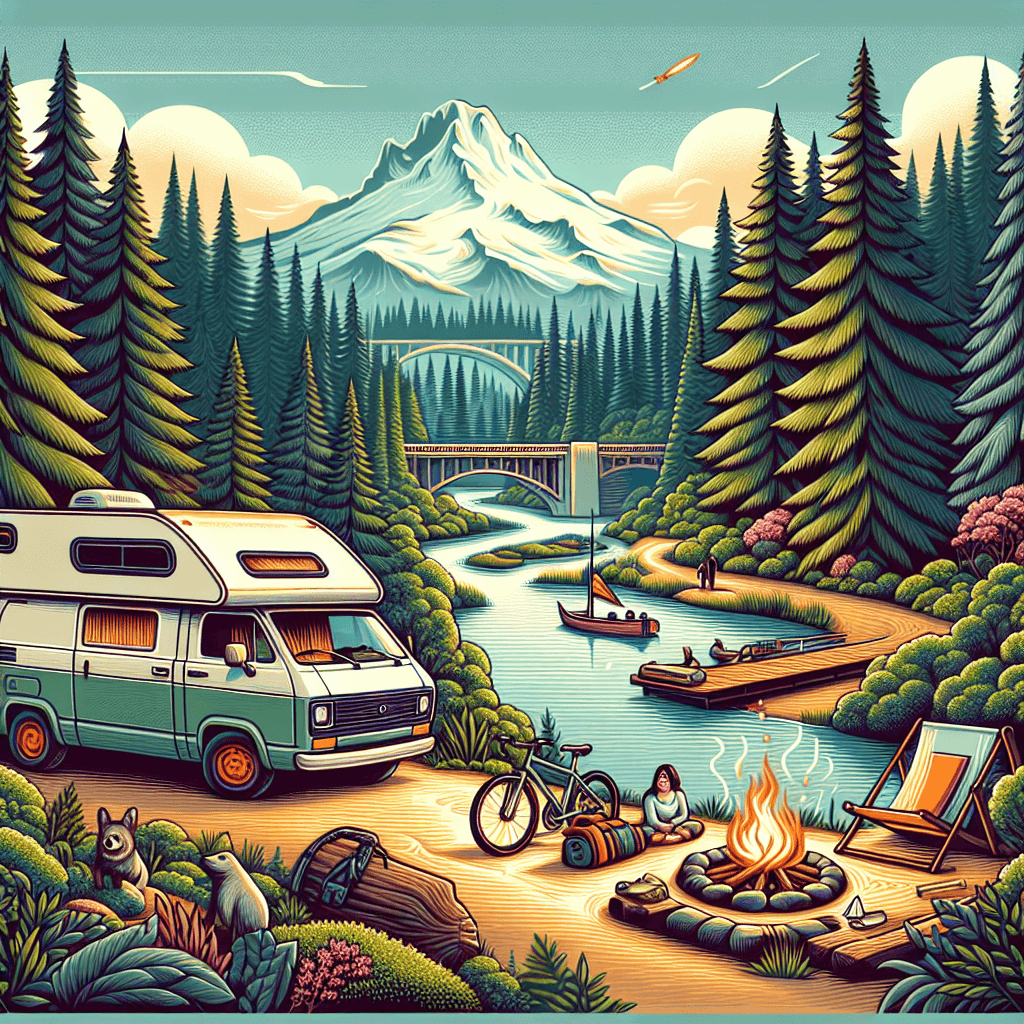 RV, Mt. Hood, bicycle, friendly raccoon, campfire