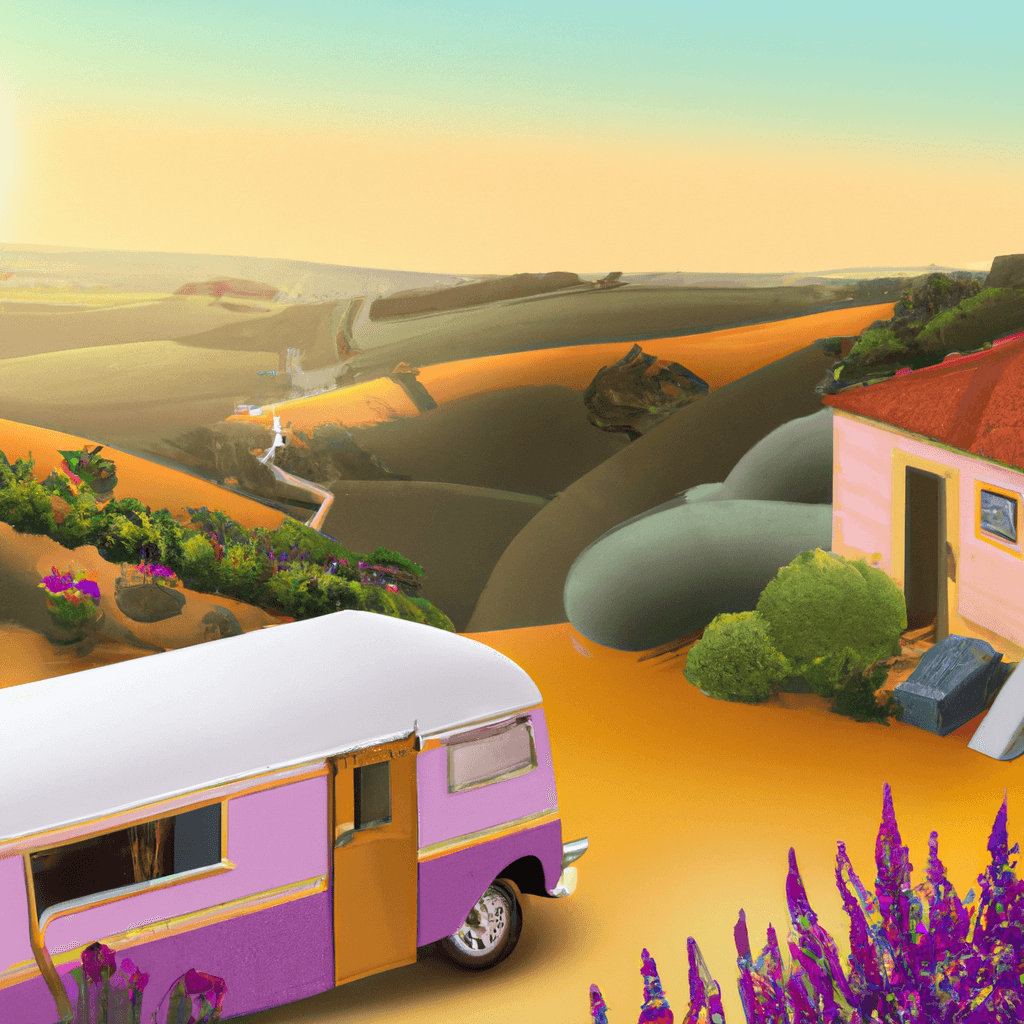 Camper im traditionellen portugiesischen Landschaft mit Olivenbäumen und Lavendelfeldern