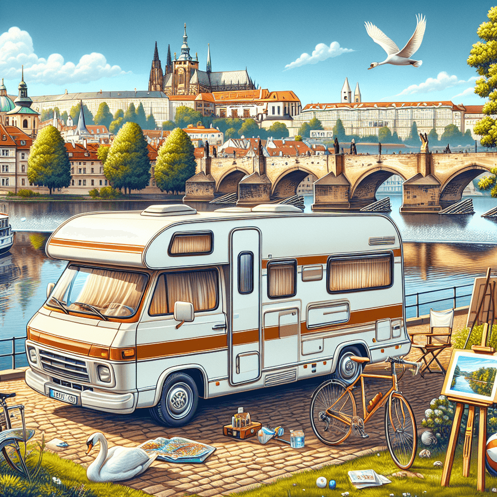 Campervan hire by Vltava River, Charles Bridge backdrop, tourists enjoying sunny Prague day