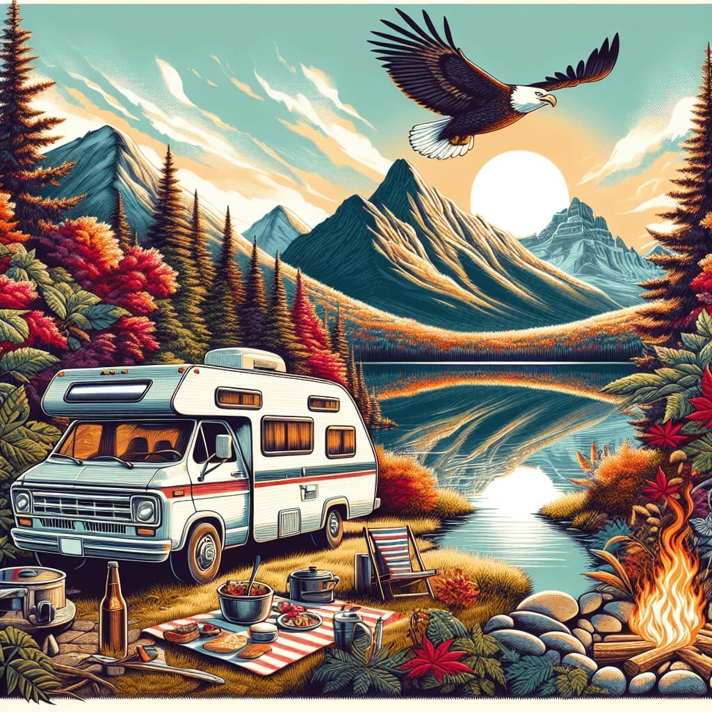 Campervan, autumn trees, serene lake, mountains, eagle, sunrise