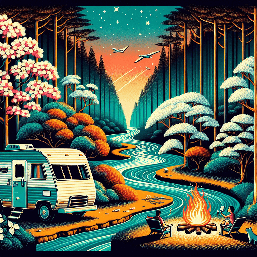 RV in North Carolina among dogwoods, river, pine trees, campfire and starry night