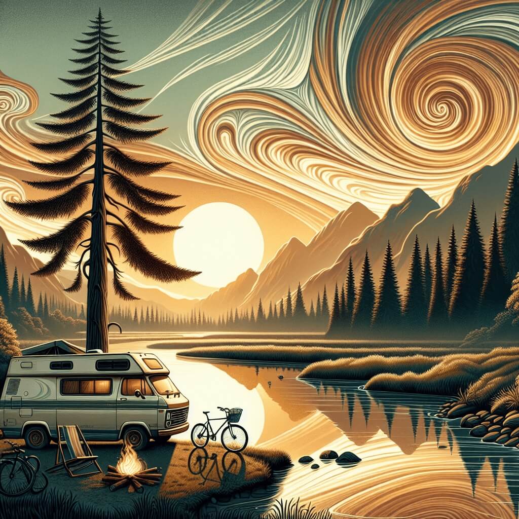 Campervan near pristine river with bicycles and campfire
