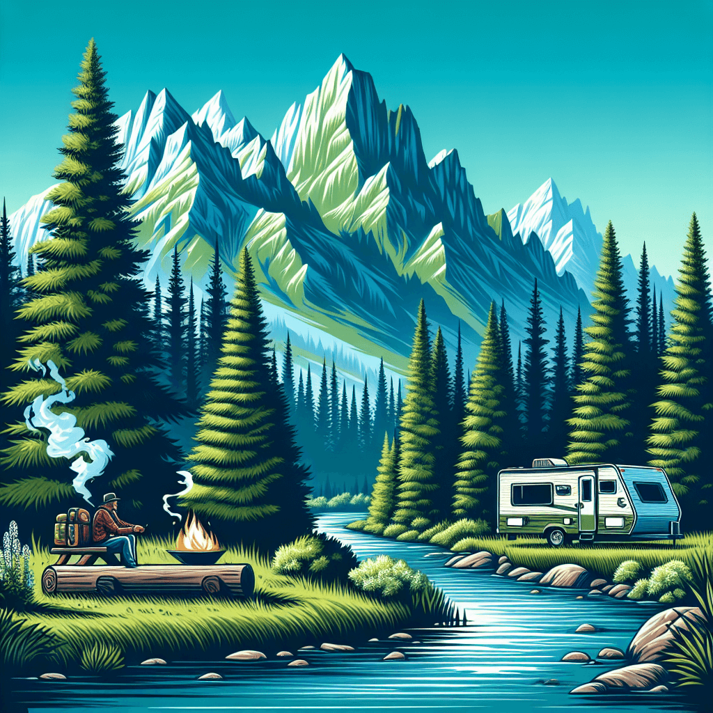 RV in Missoula mountainous landscape with pine trees, river, and campfire