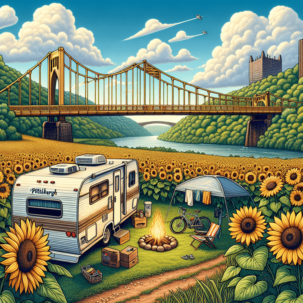 RV joyfully parked in a Pittsburgh landscape, with campfire and sunflowers