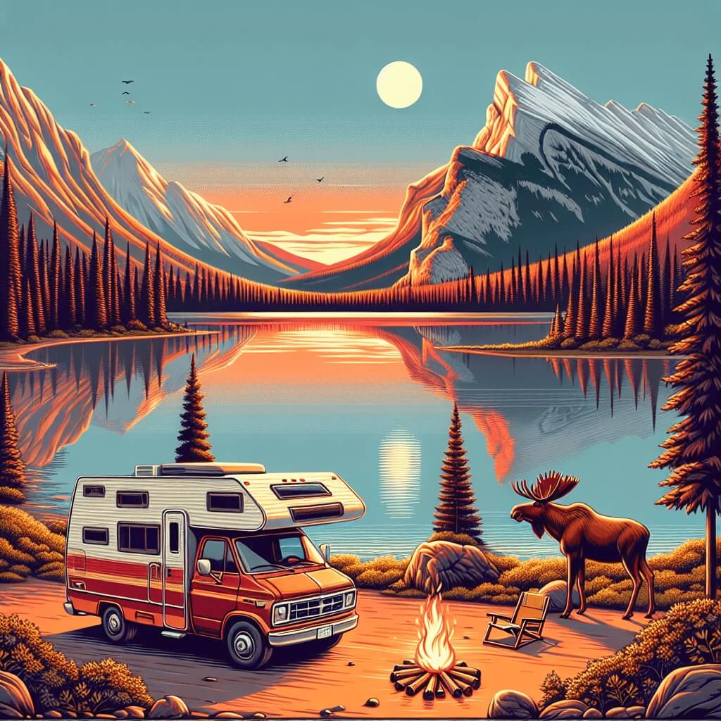 RV parked by a peaceful Canadian lake, with mountains, a moose, and maple trees