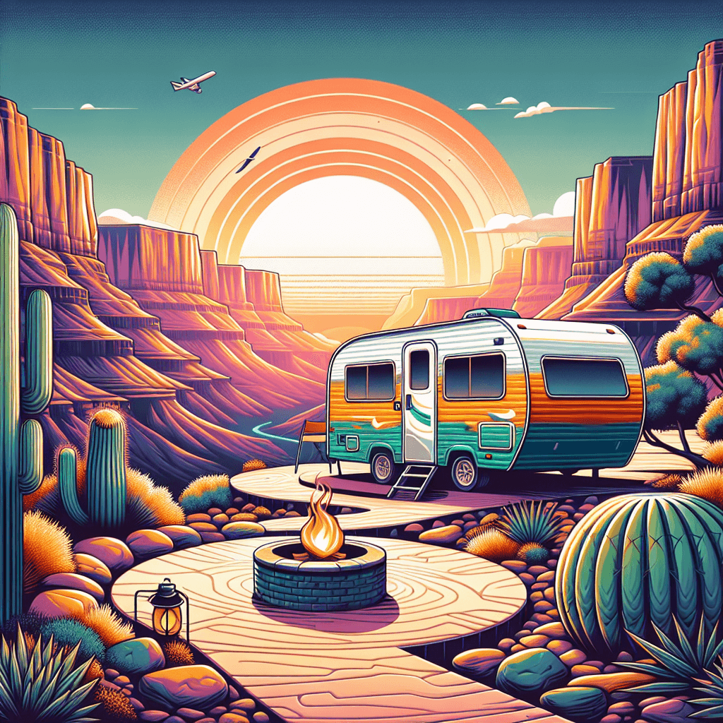 RV in Grand Canyon with sunset, cactus, dirt road and campfire