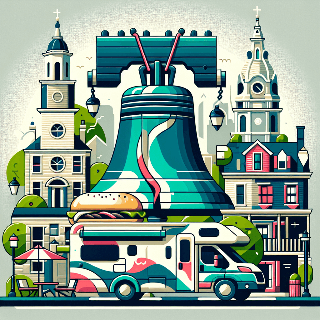 RV in Philadelphia landscape with Liberty Bell, colonial houses, Philly cheesesteak
