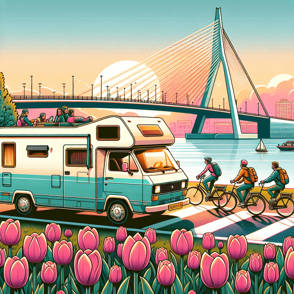Campervan hire by Rotterdam's Erasmus Bridge at sunset with cyclists