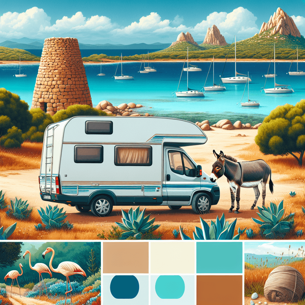 Camper amidst Sardinian scenery, flamingos, sea, Nuraghe, grazing donkey