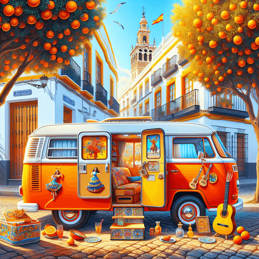 Campervan parked on a sunny Seville street with flamenco elements