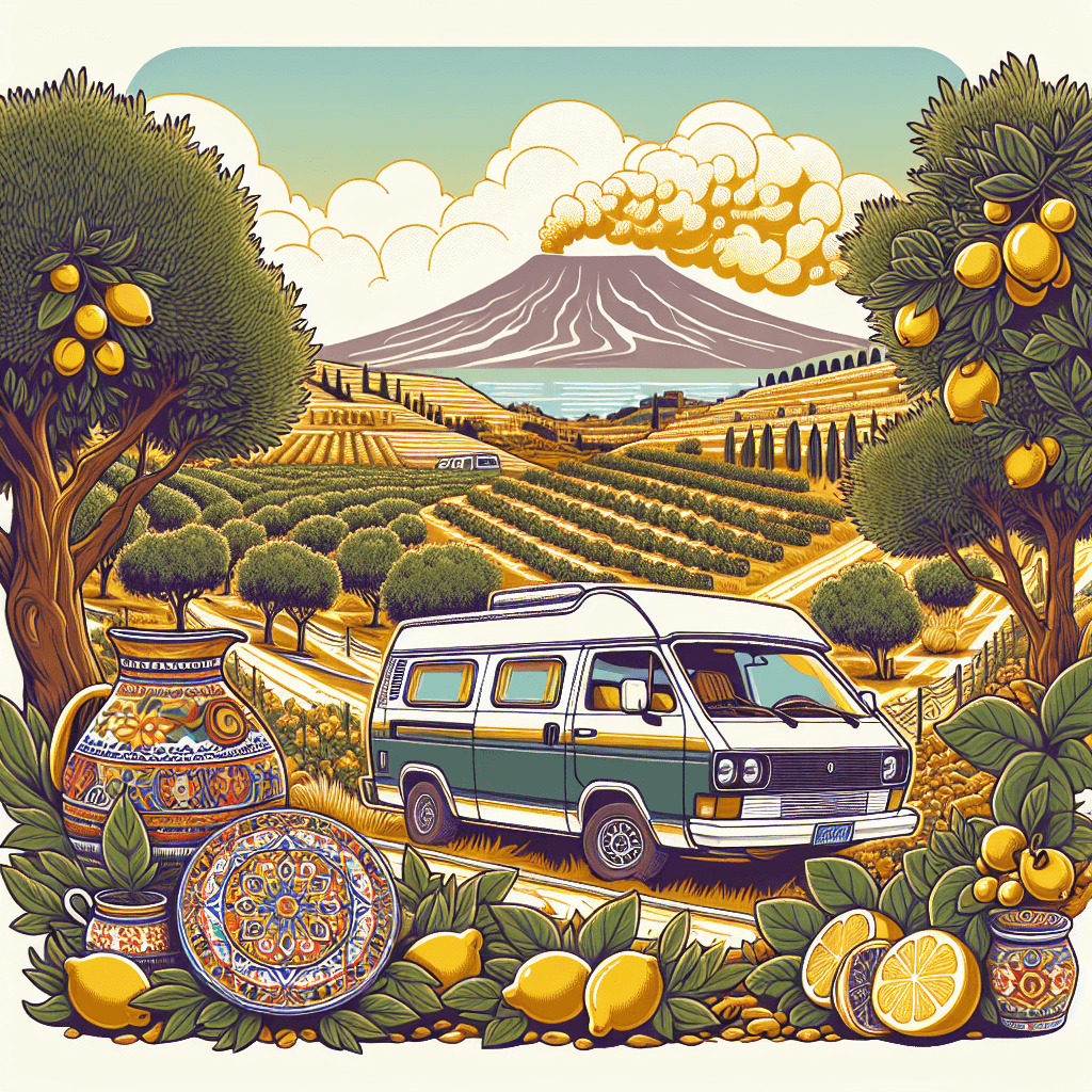 Campervan in olive groves with Mt Etna, sea and Sicilian ceramics.