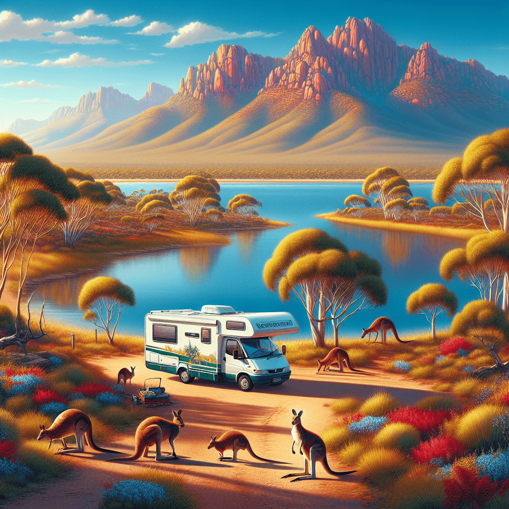 Campervan by water near Flinders Ranges, kangaroos and eucalyptus trees in foreground