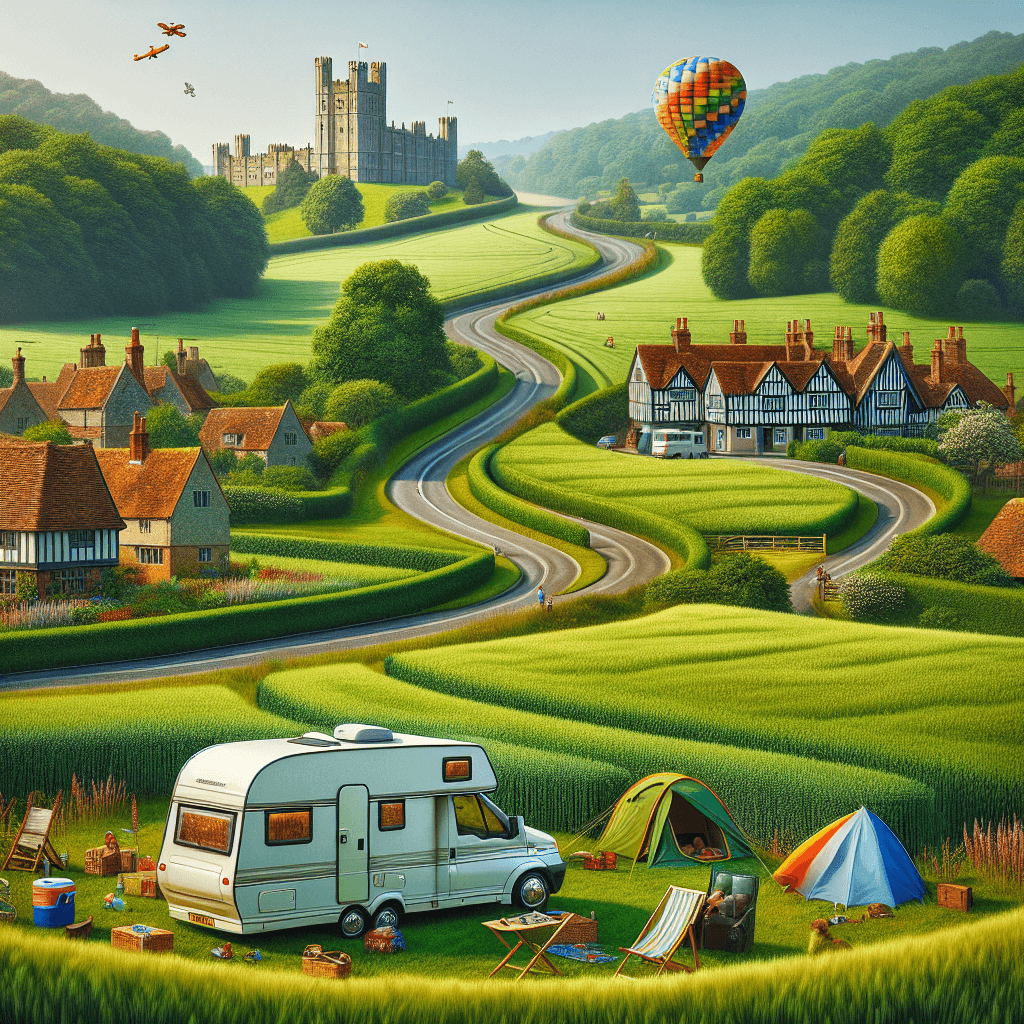 Camper on Surrey's vibrant landscape with hot-air balloons