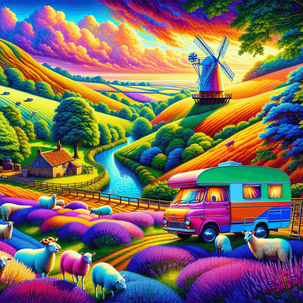 Camper amidst lavender fields, grazing sheep, windmill in Sussex