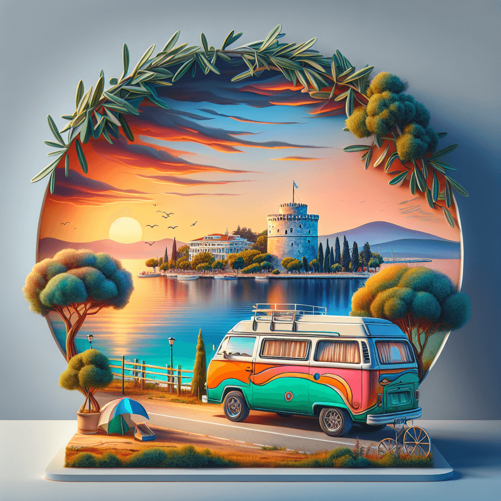 Vibrant campervan in Thessaloniki, featuring White Tower, olive trees, Aegean Sea.