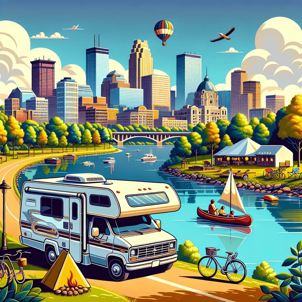 RV in Minneapolis landscape with bikes, canoes and campfires