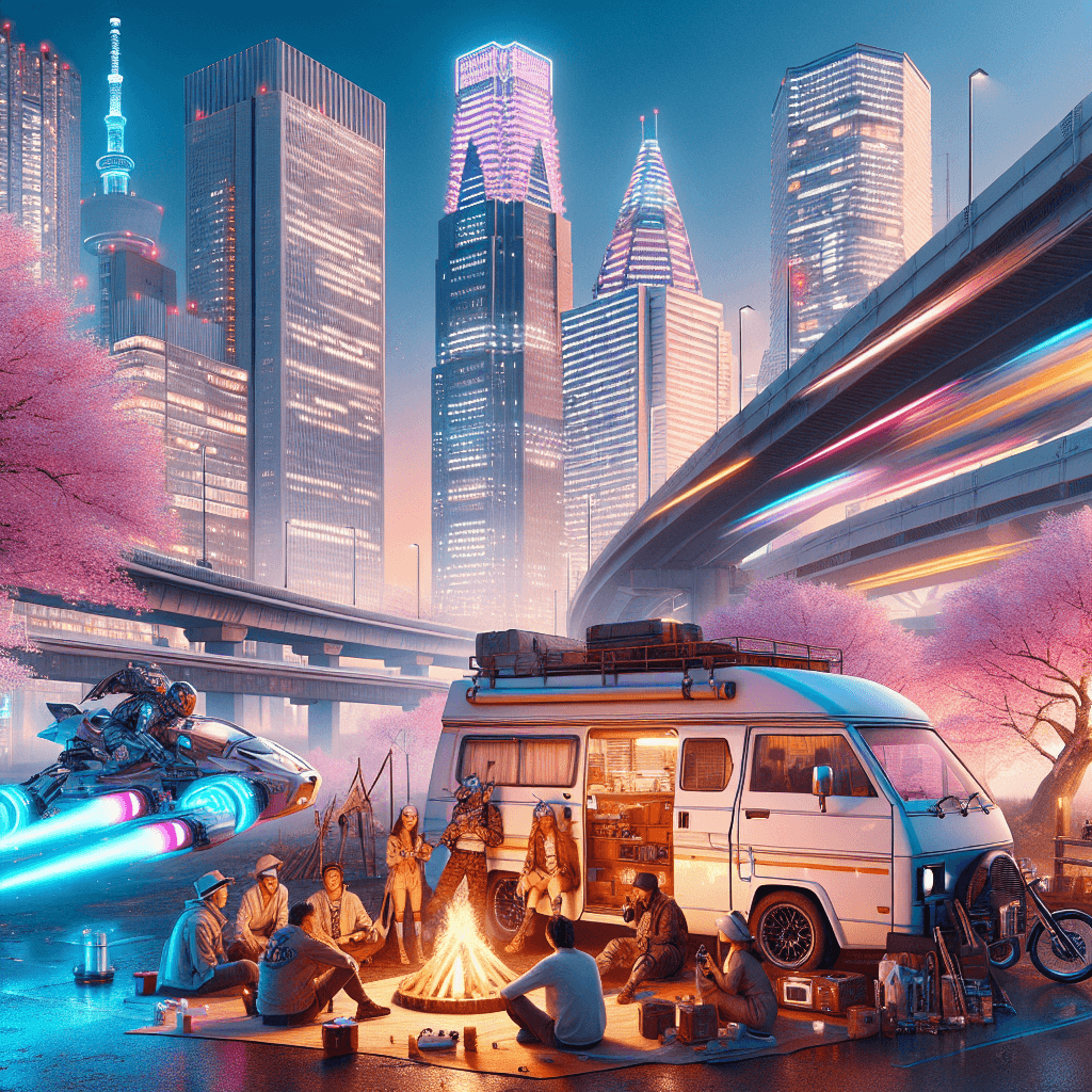 Campsite nestled amidst Tokyo's night neon lights, cherry blossoms and hoverbikes
