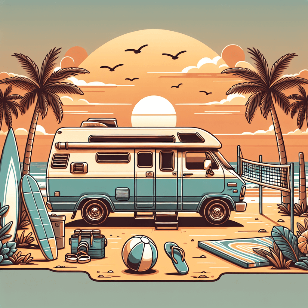 RV palm trees, surfing board, volleyball net, flip-flops, sunset