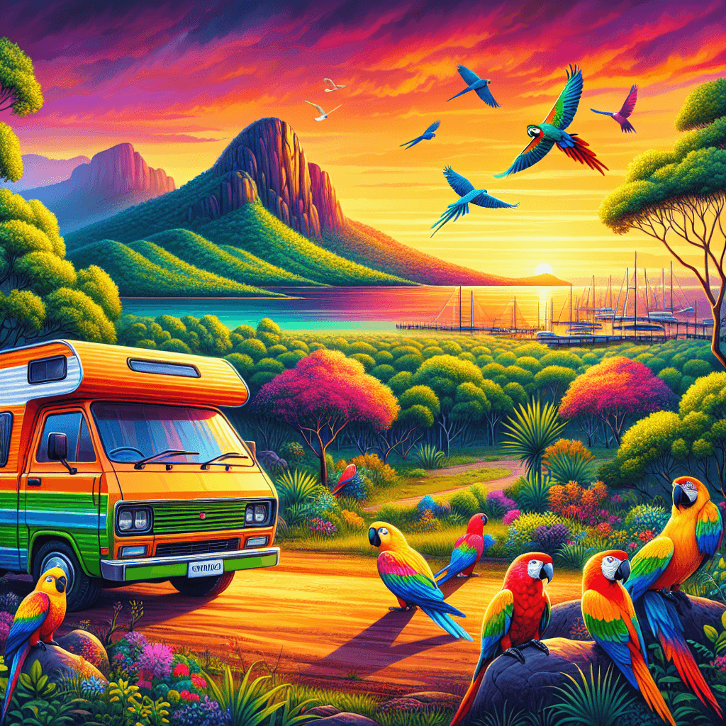 Campervan in green scenery with parrots, Magnetic Island and sunset