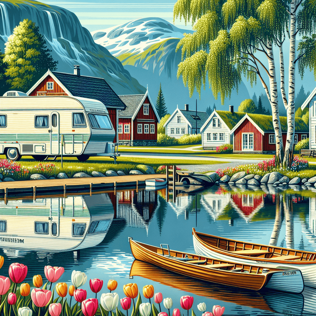 Retro camper in Trondheim with tulips, rowboats and cottages