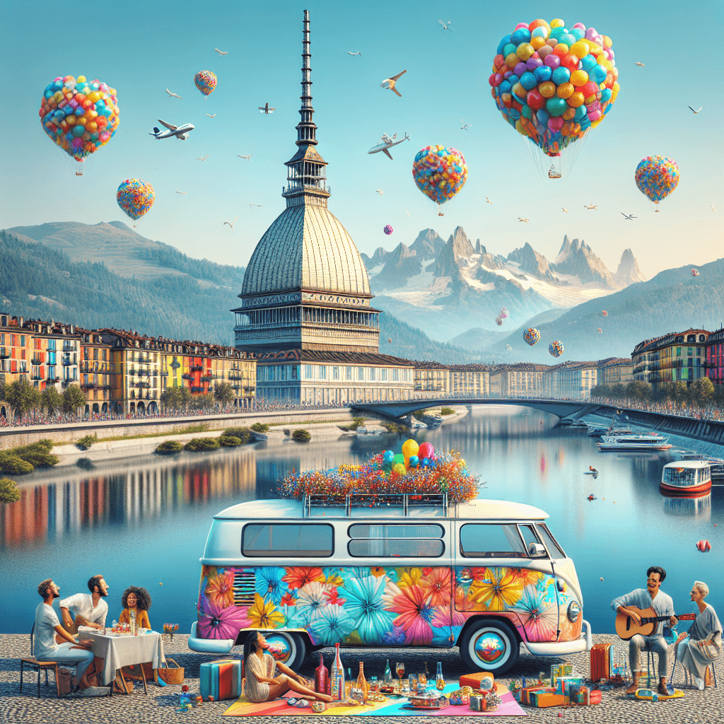Colourful campervan near River Po, guitar player, picnickers, balloons, Mole Antonelliana