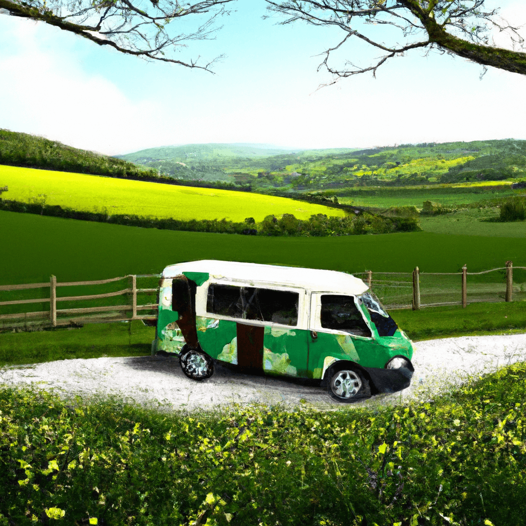 Camper with couple in British countryside on a sunny day