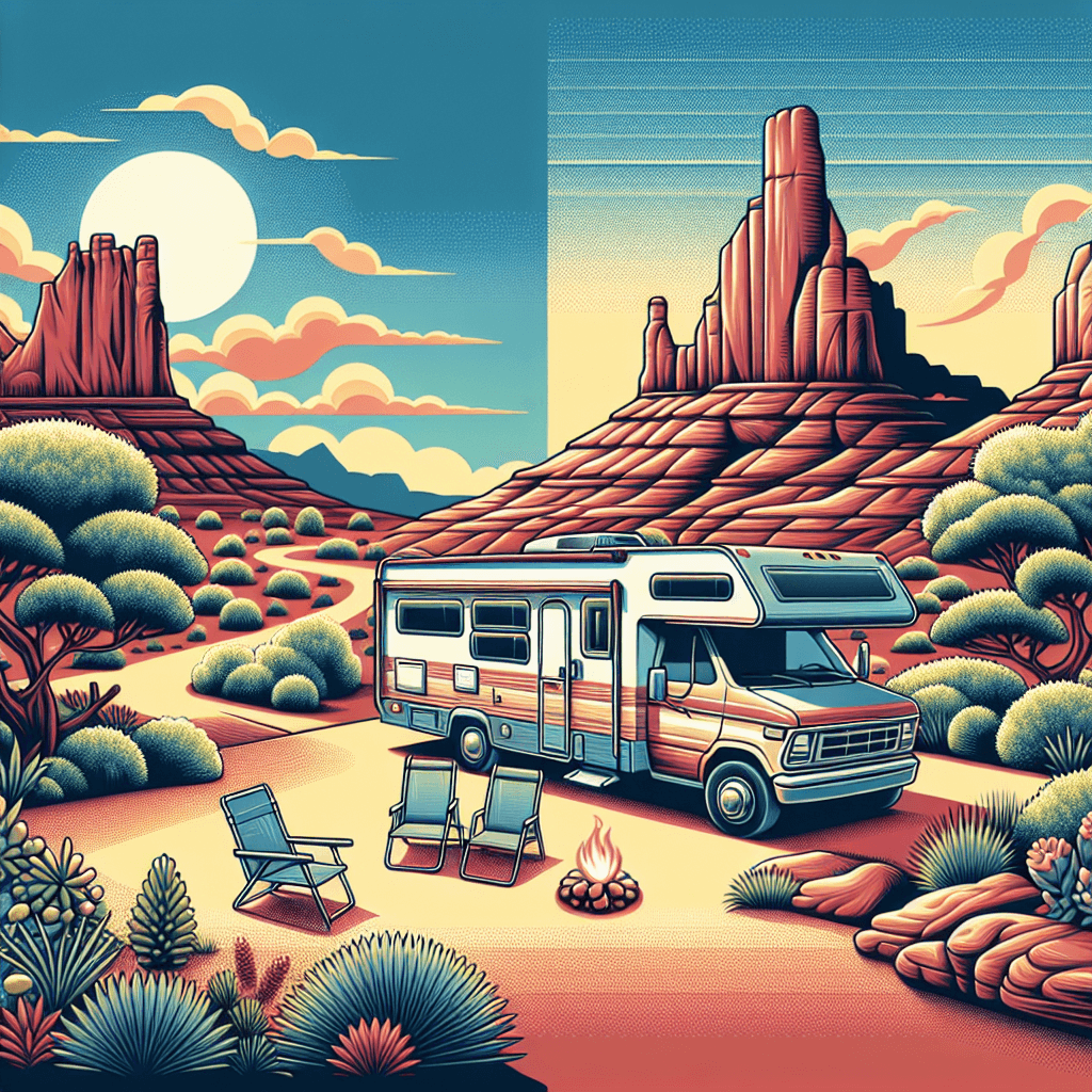 RV in Utah landscape with campfire, juniper trees, and sunset