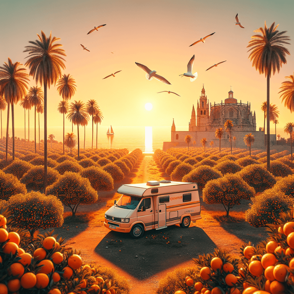 Campervan near sea amidst Valencia's orange groves and cathedral