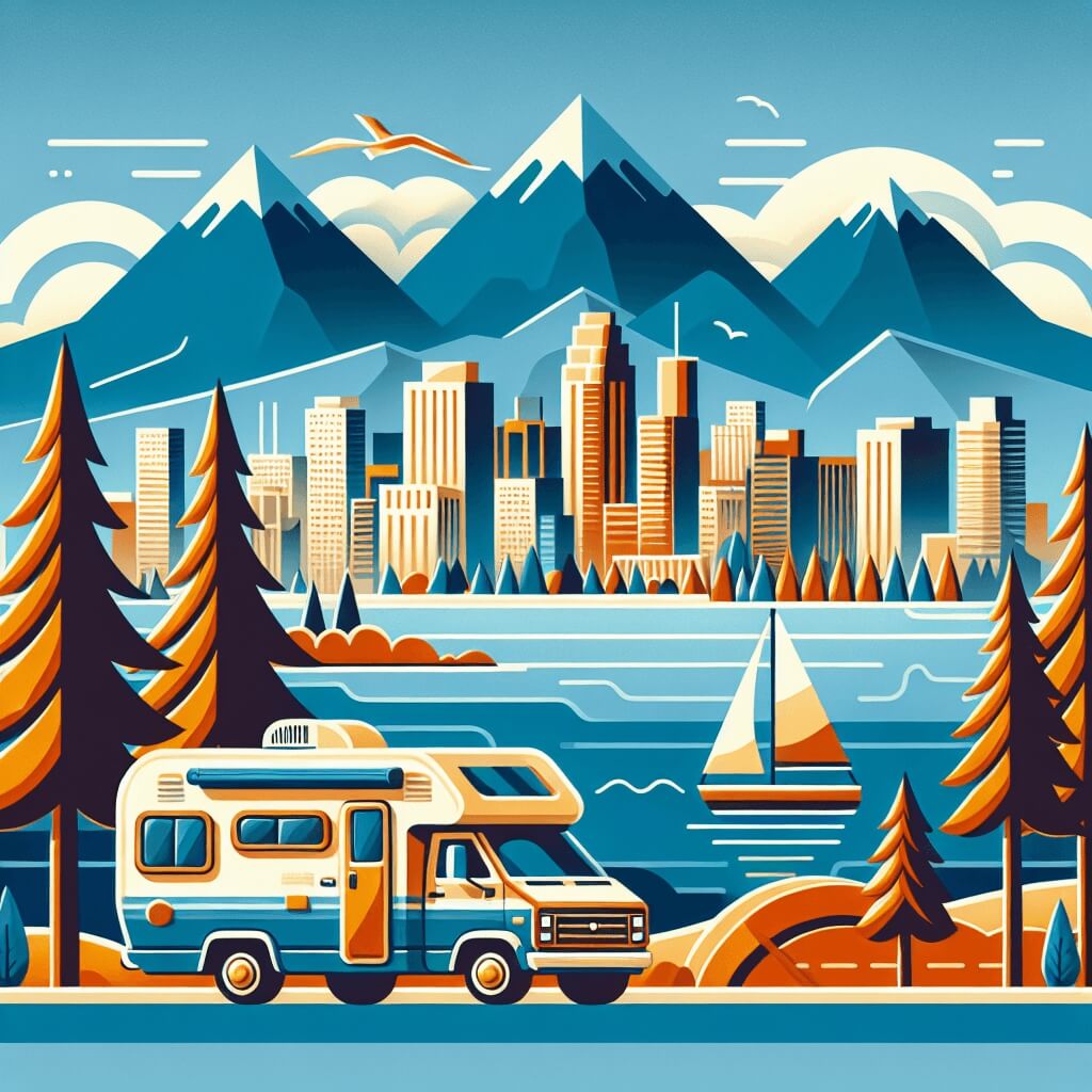 Campervan, Vancouver skyline, fir trees, sailboat, mountains