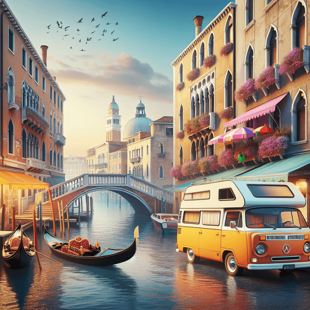 Campervan on Venice canal-side, gondolas and blooming flower boxes