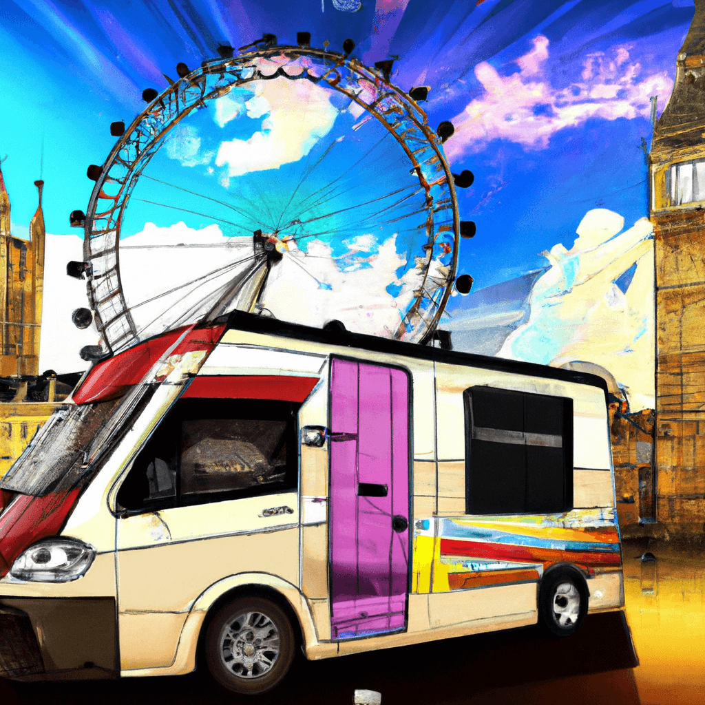 Autocaravana colorida ante paisaje londinense con elementos icónicos