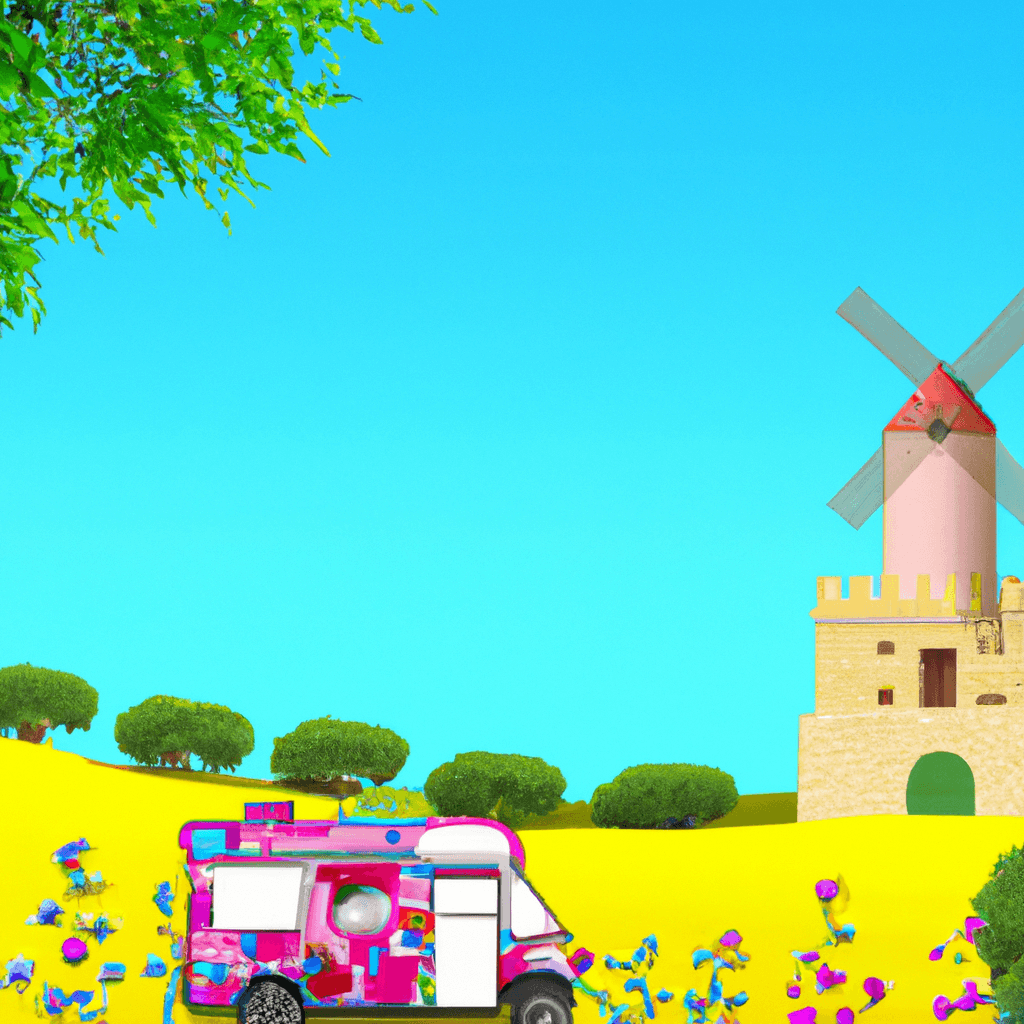 Fun camper in Spanish landscape with historical monument