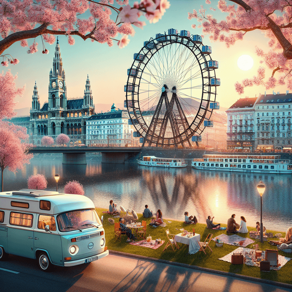 Campervan in Vienna with cherry blossoms, Ferris Wheel, riverside picnickers