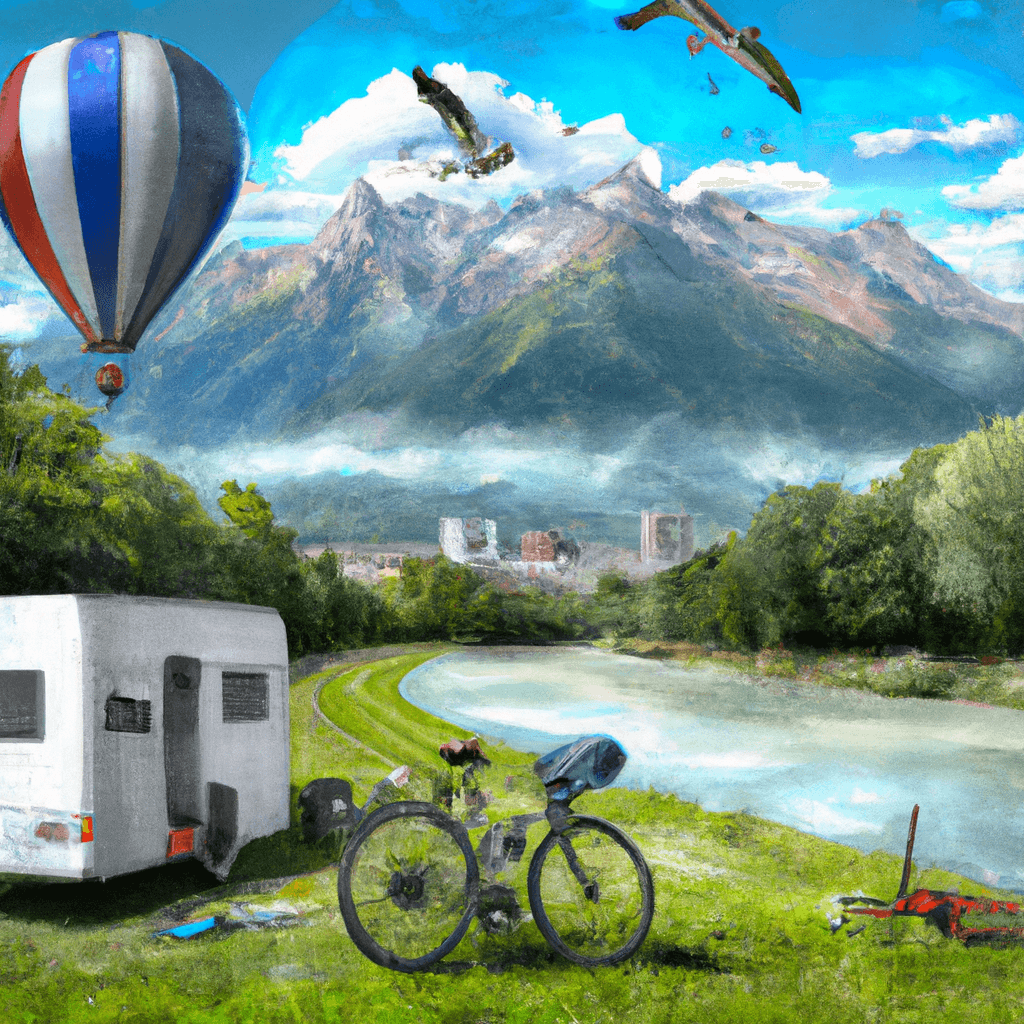 Camping-car avec vélos, pique-nique, téléphériques et cerf-volant en forme de Mont Aiguille
