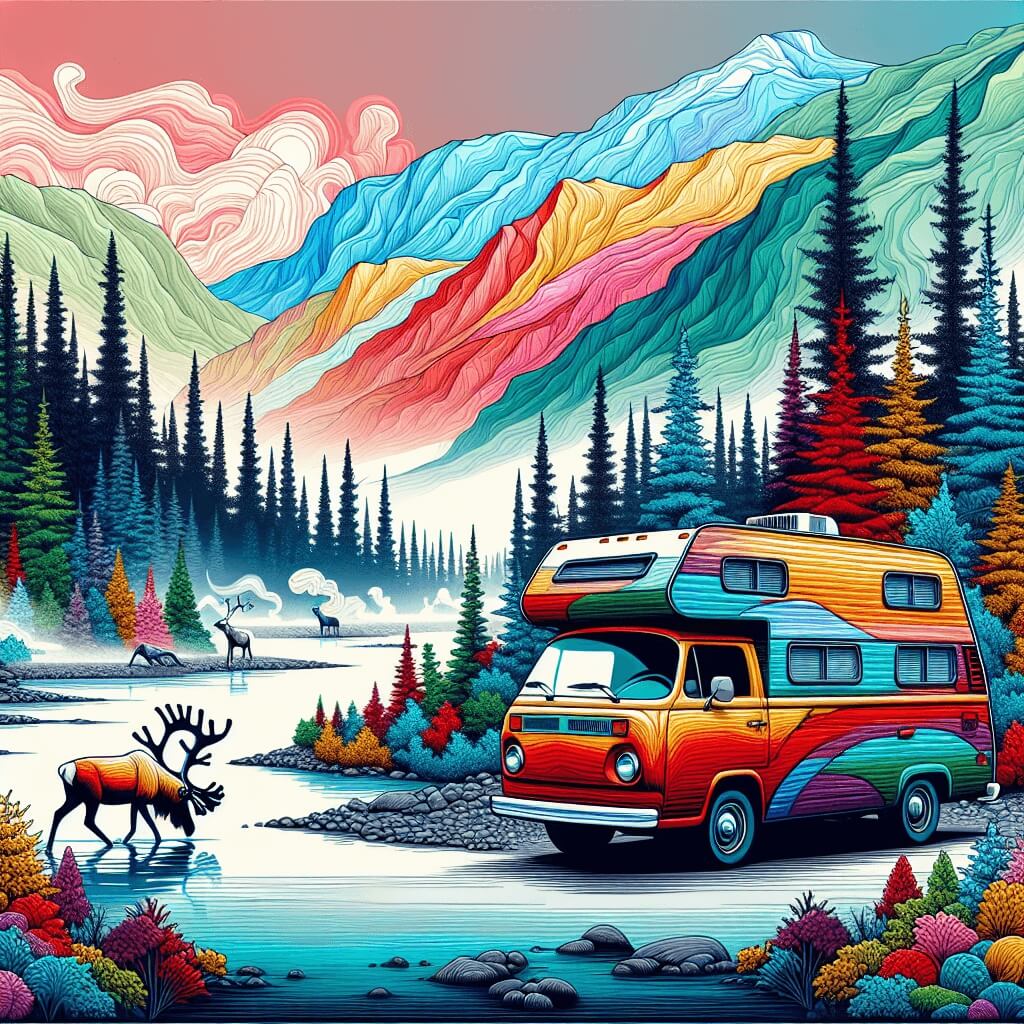 Whitehorse landscape with a campervan, spruce trees, Yukon River, and a Caribou