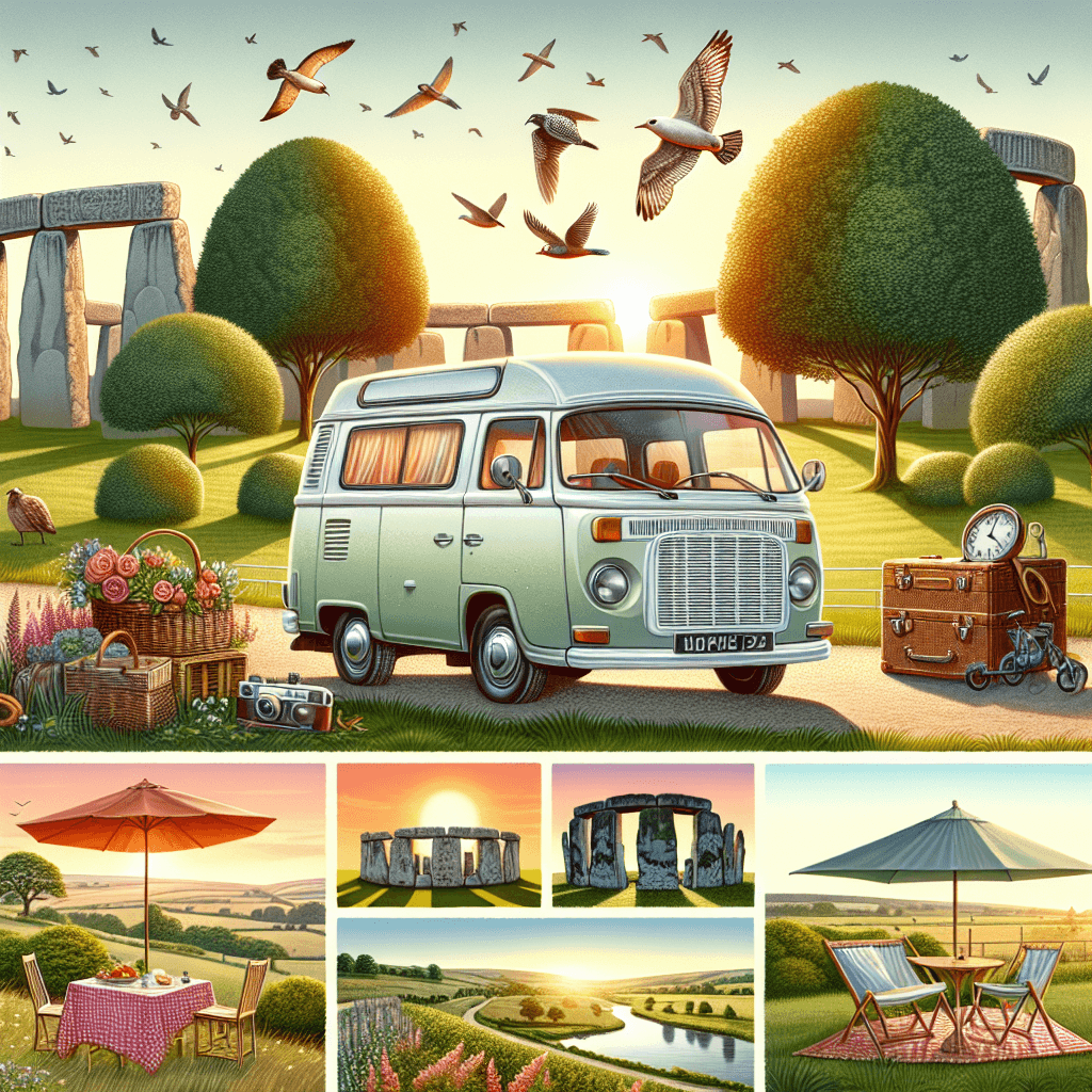 Campervan, Stonehenge, sunset, English garden, picnic, birds