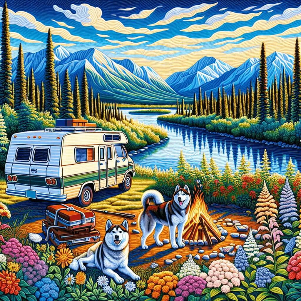 Campervan nestled in Yukon's wilderness with huskies and campfire