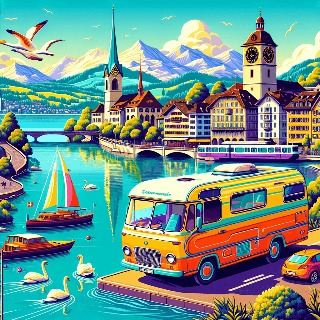 Campervan viewing Lake Zurich, with city's elements
