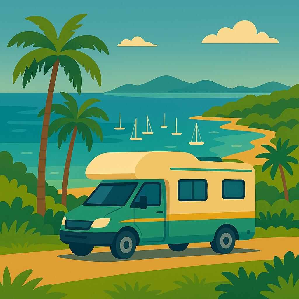 Camper parked on a tropical track overlooking the Coral Sea and the Whitsunday Islands near Airlie Beach, Australia.